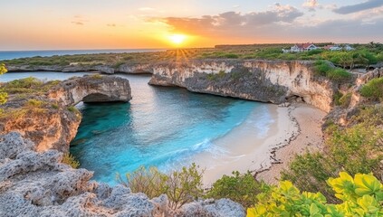 Tropical cove at sunset. Azure water, rocky cliffs