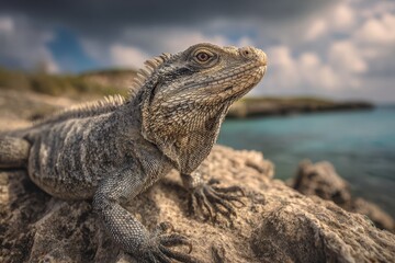 Obraz premium Bearded dragon resting on rocky shore near turquoise waters in Bonaire, Leeward Antilles under a cloudy sky