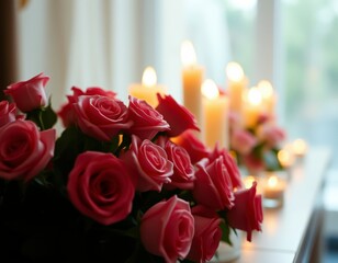 Fototapeta premium Bouquet of red roses and candles arranged on table in romantic interior