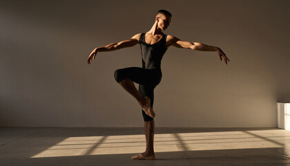 Graceful ballet dancer poses with one leg raised, arms extended, in a minimal studio setting.