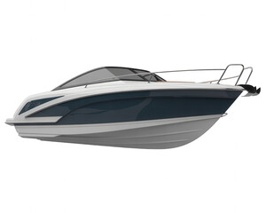 Sleek transparent background white and dark blue motorboat with chrome accents and tinted windshield isolated on a transparent background