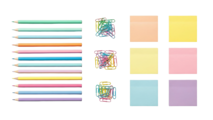 Collection of colorful pencils, paper clips, and sticky notes arranged on a white surface.