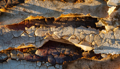 cracked and peeling dry mud surface illuminated by warm sunlight.
