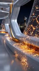 Dynamic futuristic structure with glowing orange light particles flowing across a sleek surface against a blurred urban night backdrop.