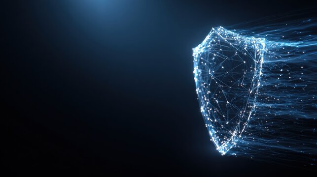 An eye-catching digital representation of a shield glows with a bright light on the dark background, with stunning attention to detail. ..Created with Generative AI, not depicting real subjects.