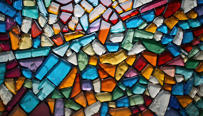 Colorful shattered glass pieces assembled in an abstract pattern.