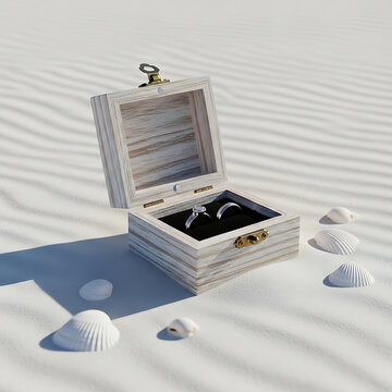 A wooden closed ring box with engagement and wedding bands rests on a sandy beach adorned with delicate seashells.