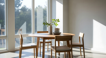 Light filled dining room with wood table and chairs