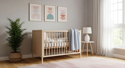 Light wood crib with pastel art and green plant nursery