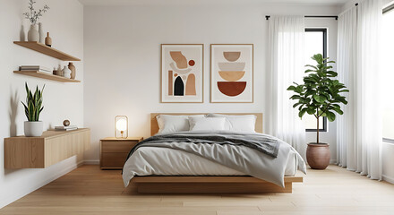 Modern bedroom with wooden furniture and abstract art