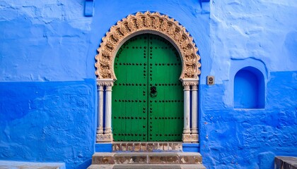 Green arched door with ornate frame on blue wall