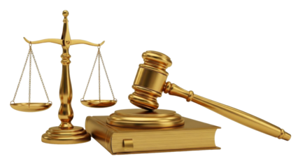 Golden scales of justice and gavel resting on a law book, symbolizing legal proceedings.