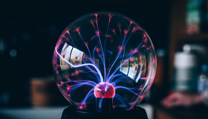 colorful plasma ball with electric discharges inside, placed indoors near window.