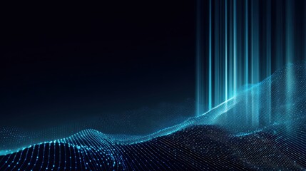 A mesmerizing digital landscape of glowing blue lines and dots undulates across a deep black background. ..Created with Generative AI, not depicting real subjects.