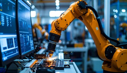 Industrial Robot Arm Welding Computer Keyboard with Sparks in High-Tech Manufacturing Facility