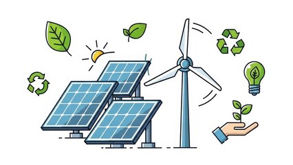 Eco alternative renewable green energy concept with solar panels, wind turbine, and house for electricity power technology