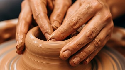 Hands shaping clay on pottery wheel.