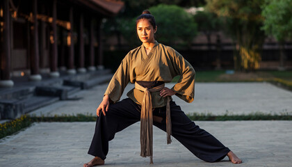 Obraz premium Woman practicing martial arts outdoors during sunset in traditional attire.