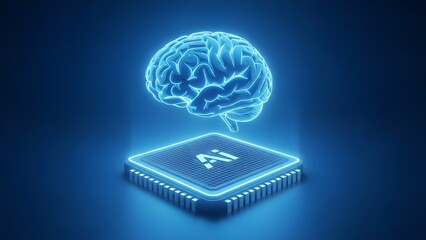 Artificial intelligence concept with glowing blue brain and microchip