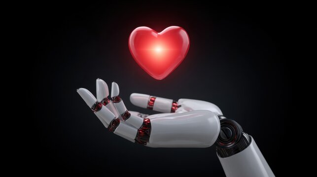 Robotic Hand Holding Glowing Heart Symbolizing Technology and Humanity Connection in Modern Future