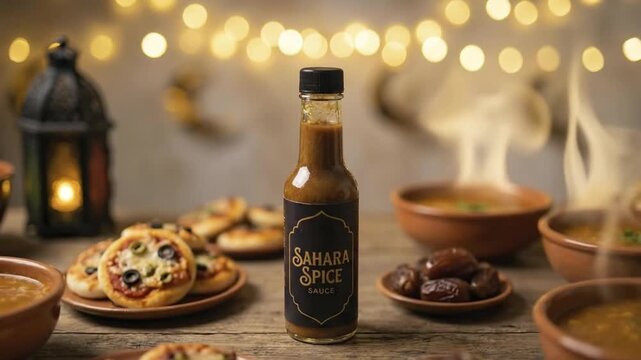 A captivating close-up of a dark-labeled condiment bottle stands prominently on a rustic wooden table, surrounded by an inviting array of delicious food. Steaming bowls of savory, hot soup, alongside 