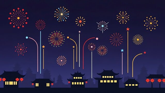 Fireworks over traditional Asian buildings at night - Powered by Adobe