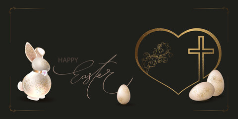 Happy Easter. Festive card with Easter eggs and a cute golden bunny.
