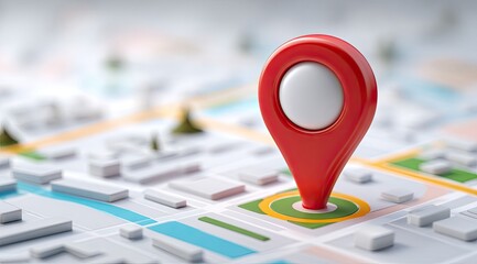 Red map pointer icon on a blurred, modern city map