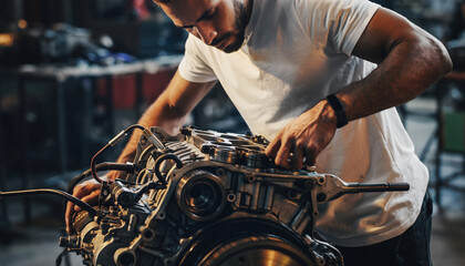 Obraz premium Man working on a mechanical engine in a workshop.