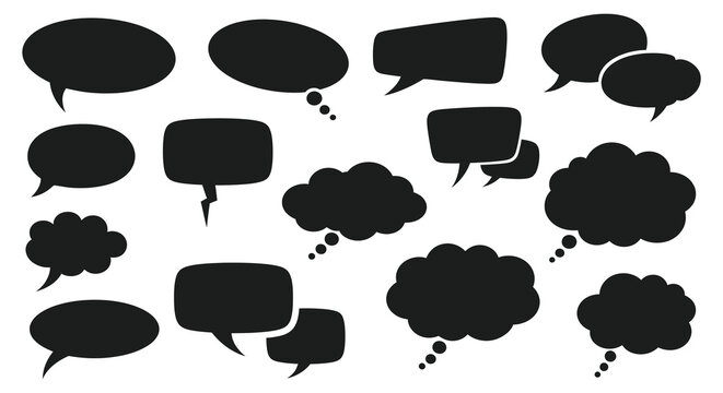 A collection of diverse black speech bubbles and thought clouds a striking silhouette