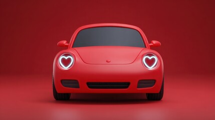 Fototapeta premium Cute Red Car with Heart-Shaped Headlights on a Bright Red Background for Love and Valentine Themes