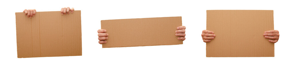 Posters of cardboard in his hands. Isolated on white. Set. Copy space