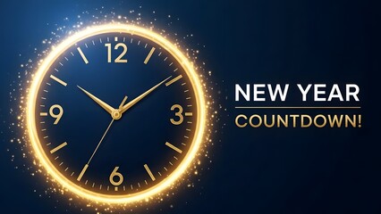New year's eve countdown clock striking midnight with glowing gold numbers and hands on dark blue background
