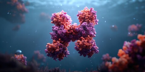 Pink and orange complex molecular structure floating in blue liquid background