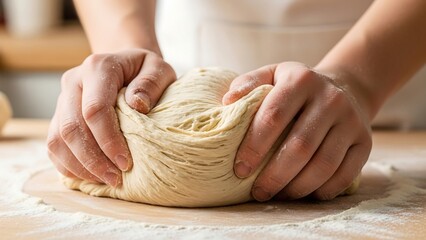 Hands kneading dough on floured surface.