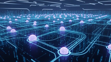 Futuristic blue global communication network design with glowing digital connection points on an abstract star background