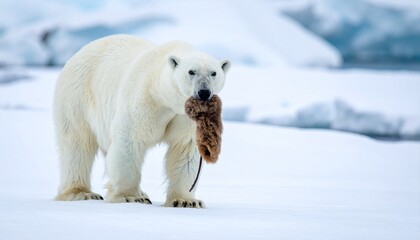 Polar bear gripping prey on icy tundra