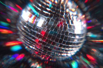 Glittery disco ball macro shot with vibrant colorful reflections and sparkling light creating festive energetic party atmosphere