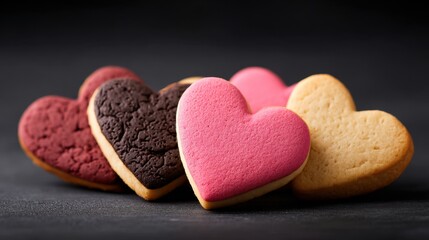 Obraz premium Freshly Baked Heart-Shaped Cookies with Colorful Icing on Dark Background for Celebrations and Special Occasions