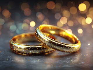 Two golden wedding rings shimmering on dark surface with bokeh background
