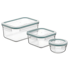 Three clear rectangular and round food containers, each with a secure teal-colored lid. The containers vary in size