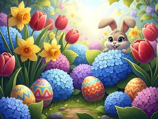 Whimsical Spring Garden Easter Egg Hunt Scene - Playful Holiday Background for Kids
