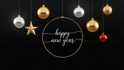 Happy New Year Elegant Black Background with Gold and Silver Hanging Ornaments