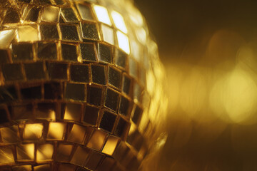 Glittery disco ball macro image features golden reflective tiles with warm glowing background creating festive and vibrant atmosphere for celebration or party decor