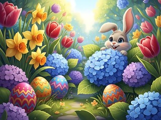 Whimsical Spring Garden Easter Egg Hunt Scene - Playful Holiday Background for Kids
