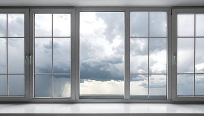 Fototapeta premium A frontal shot of a multi-paneled window, revealing a gloomy, overcast sky with dark rain clouds and a glimmer of light