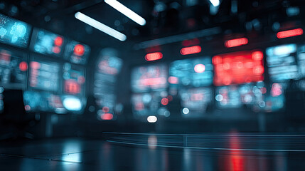 Blurred news studio with screens and lights concept. Futuristic control room with vivid screens and ambient lighting.