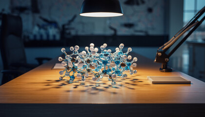Scientific molecular model illuminated on a wooden desk under a lamp.