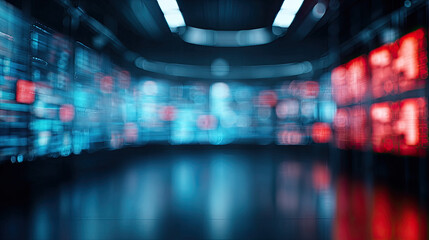 Blurred news studio with screens and lights concept. Futuristic digital control room with glowing screens and data.