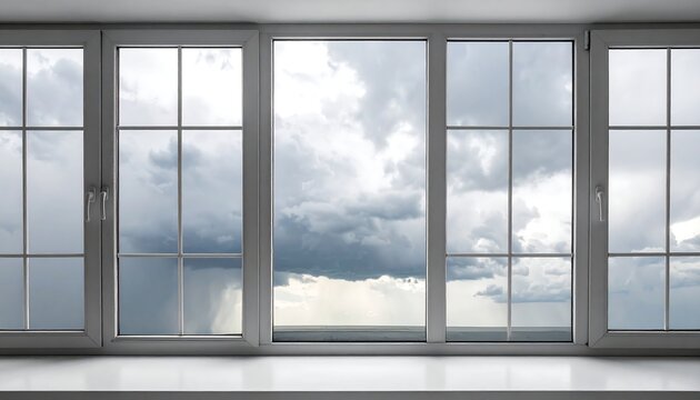 A frontal shot of a multi-paneled window, revealing a gloomy, overcast sky with dark rain clouds and a glimmer of light - Powered by Adobe